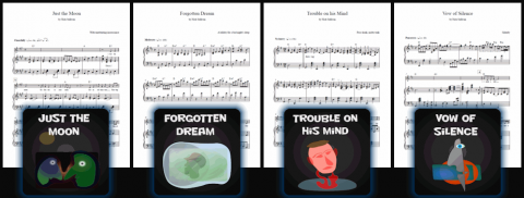 Thumbnails of the sheet music for our first four songs 