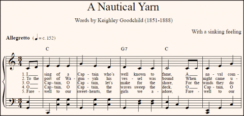Sheet music of Nick Sullivan's arrangement of the Australian folk song A Nautical Yarn