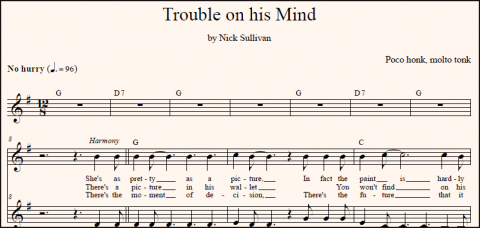 Trouble On His Mind harmony vocal sheet music (detail)